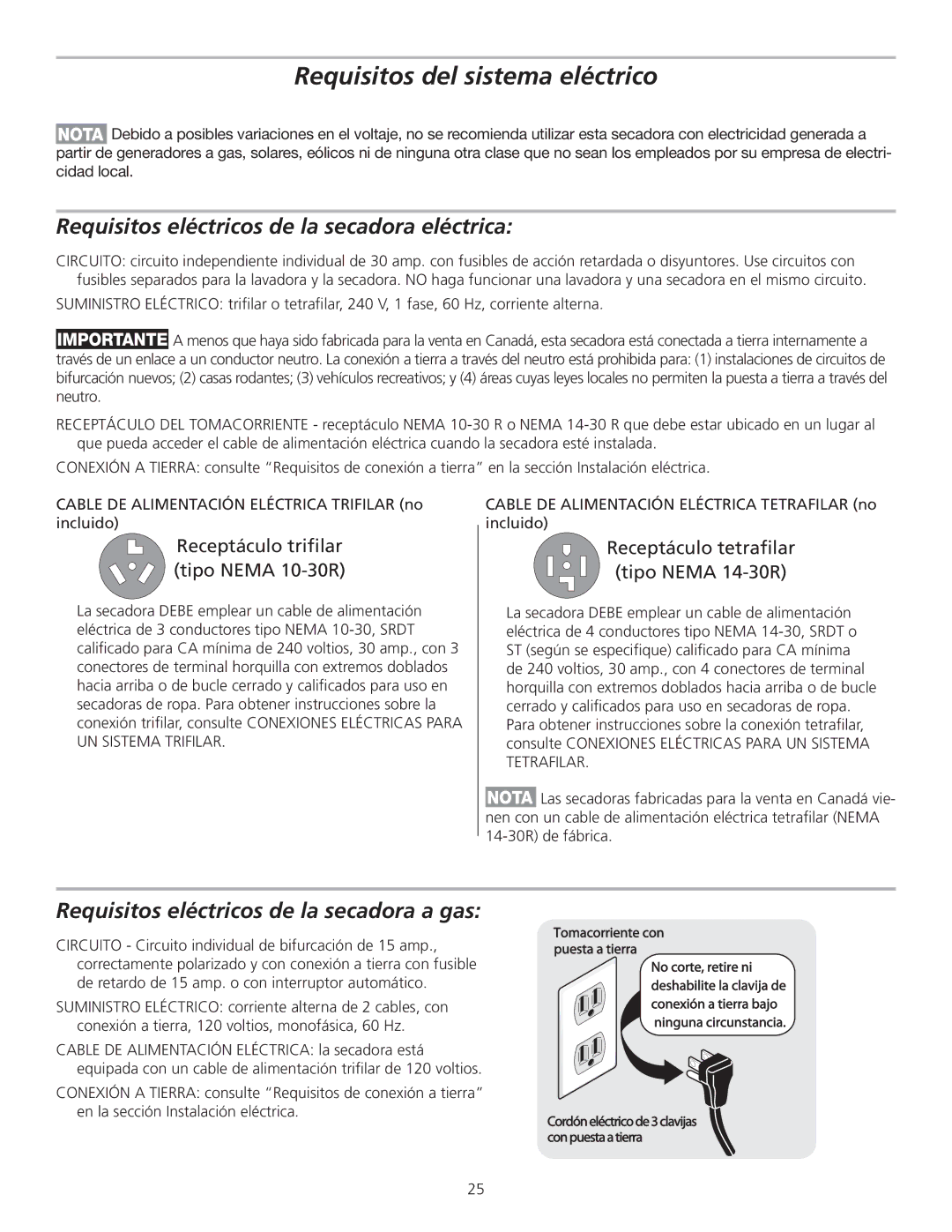 Frigidaire 137153700B Requisitos del sistema eléctrico, Requisitos eléctricos de la secadora eléctrica 