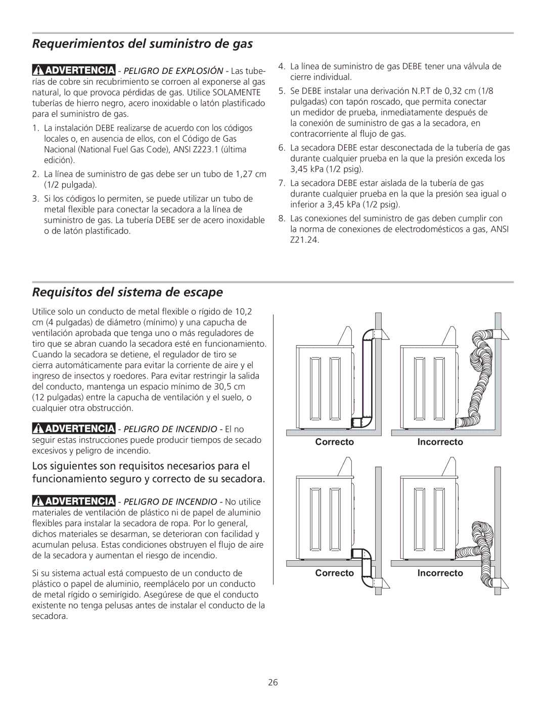 Frigidaire 137153700B installation instructions Requerimientos del suministro de gas, Requisitos del sistema de escape 