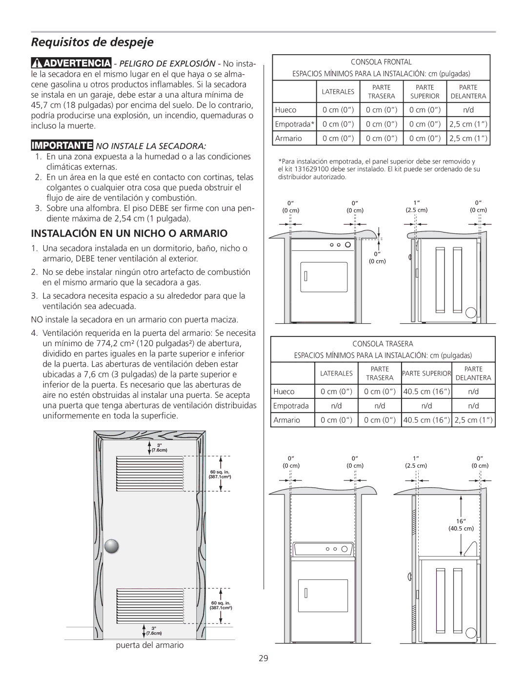 Frigidaire 137153700B installation instructions Requisitos de despeje, No Instale LA Secadora, Puerta del armario 