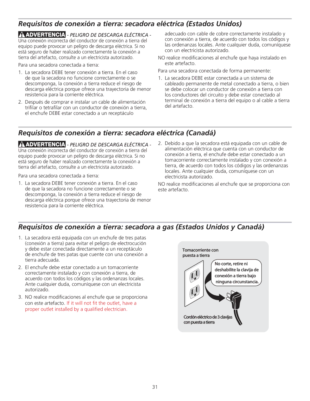 Frigidaire 137153700B installation instructions Requisitos de conexión a tierra secadora eléctrica Canadá 