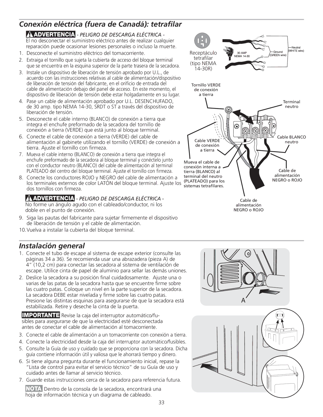 Frigidaire 137153700B installation instructions Instalación general 