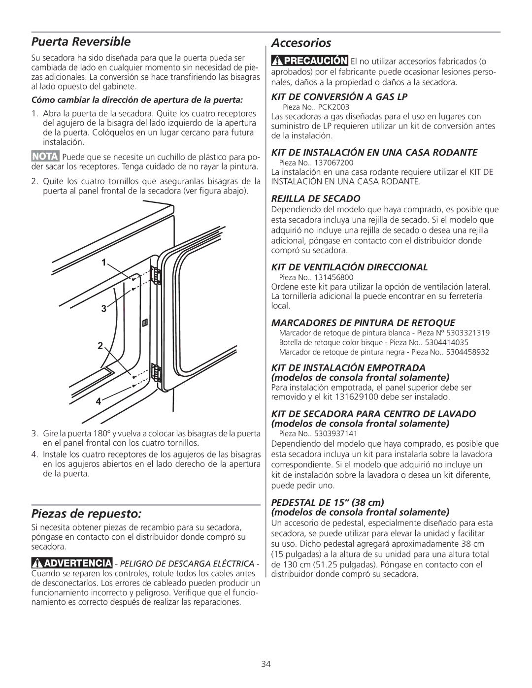 Frigidaire 137153700B installation instructions Puerta Reversible, Piezas de repuesto, Accesorios 