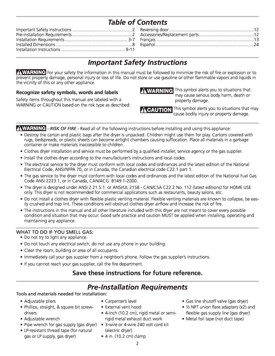 Frigidaire 137153700B Table of Contents, Important Safety Instructions, Pre-Installation Requirements 