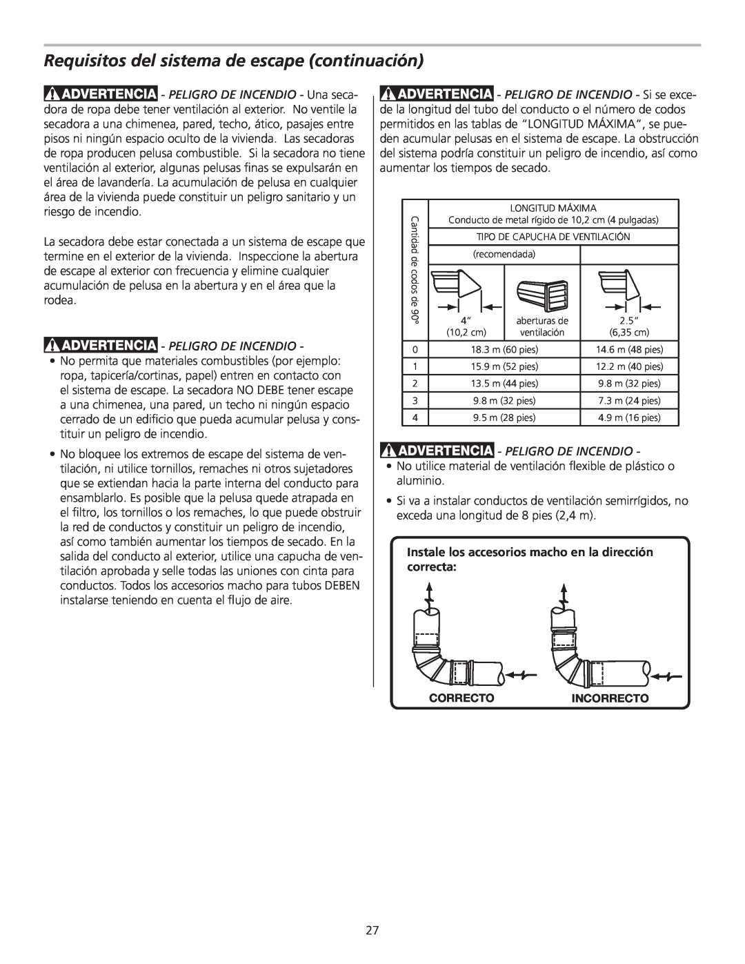 Frigidaire 137153700B installation instructions Requisitos del sistema de escape continuación, Peligro De Incendio 