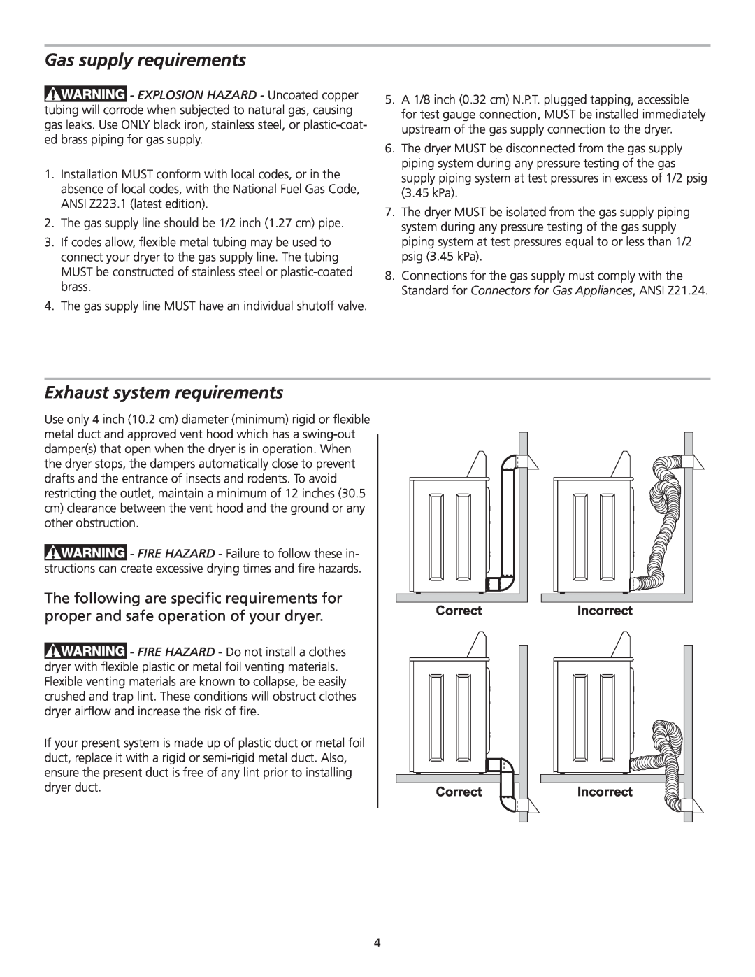 Frigidaire 137153700B Gas supply requirements, Exhaust system requirements, Correct, Incorrect Incorrect 
