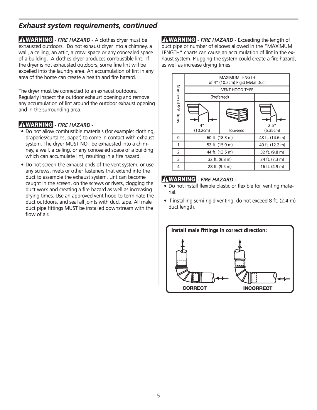 Frigidaire 137153700B Exhaust system requirements, continued, Fire Hazard, Install male ﬁttings in correct direction 
