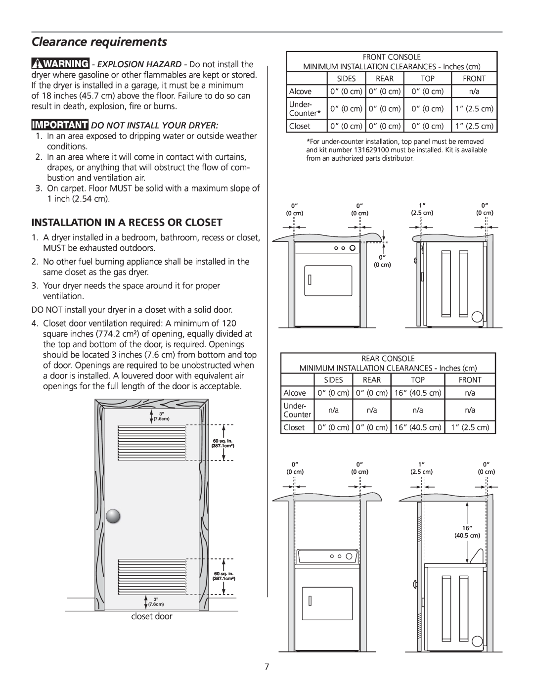 Frigidaire 137153700B Clearance requirements, Installation In A Recess Or Closet, Do Not Install Your Dryer 