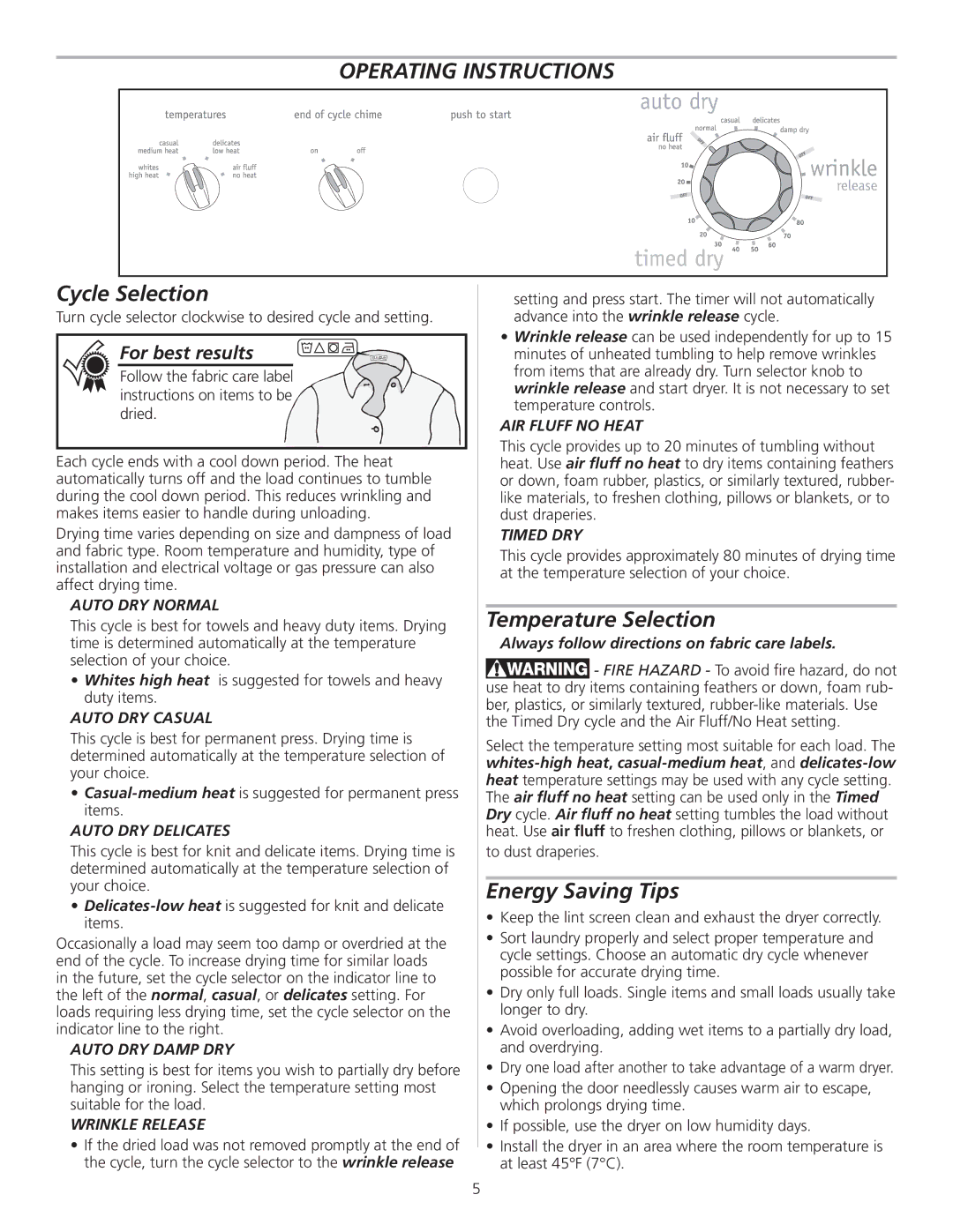 Frigidaire 137153800A manual Cycle Selection, Temperature Selection, Energy Saving Tips 