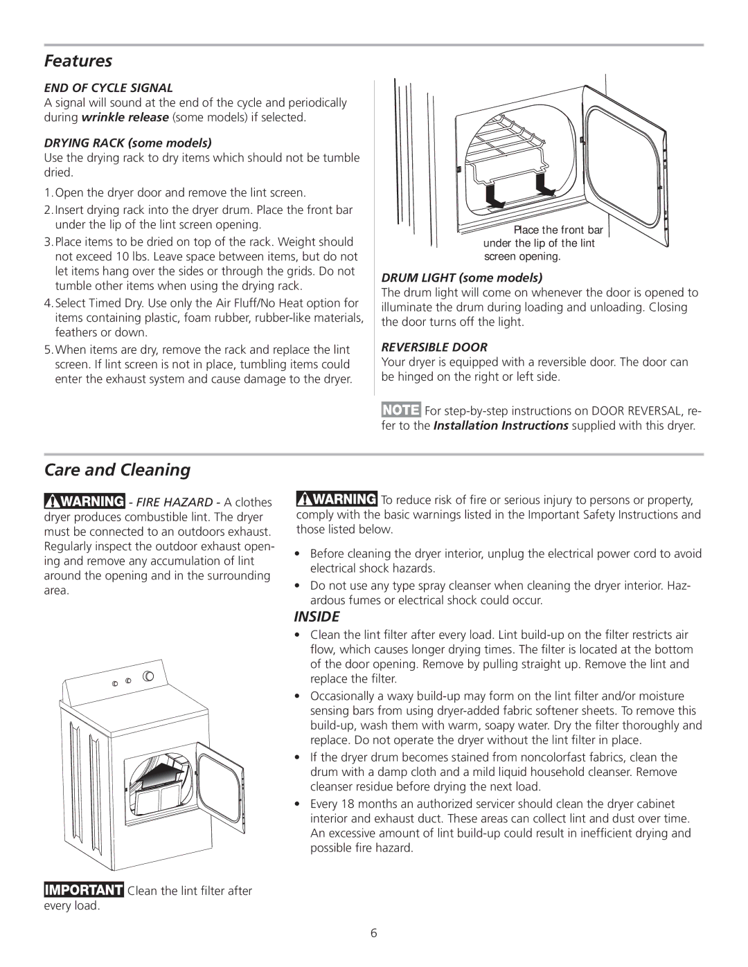 Frigidaire 137153800A manual Features, Care and Cleaning, END of Cycle Signal, Reversible Door 