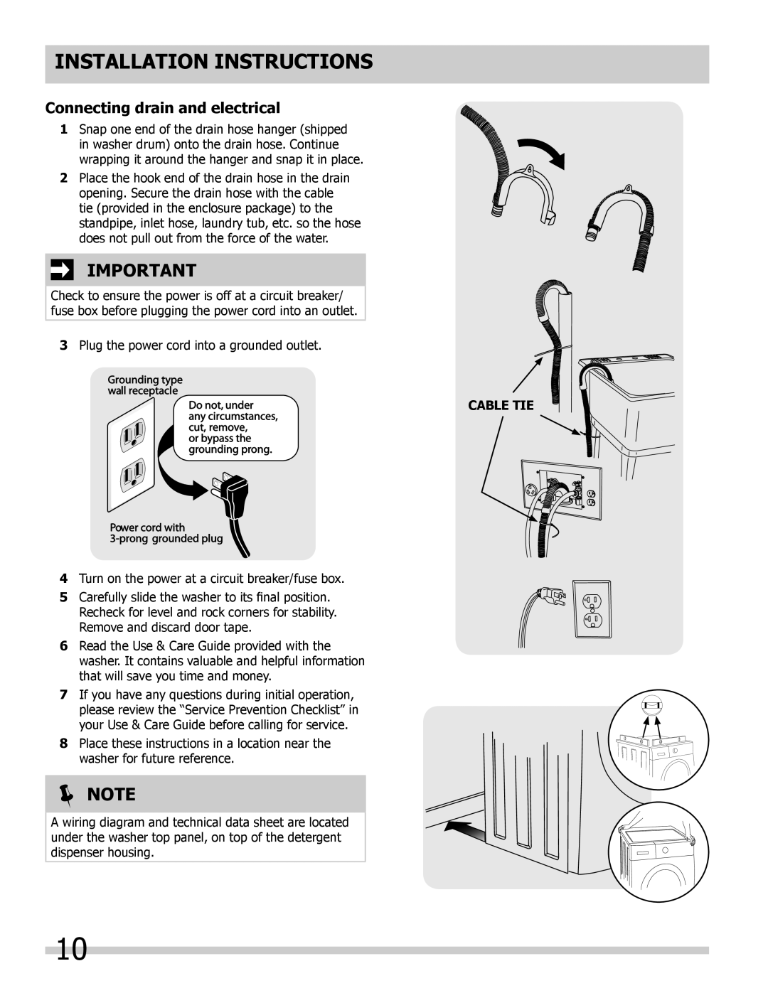 Frigidaire 137168200A important safety instructions Connecting drain and electrical, Cable TIE 