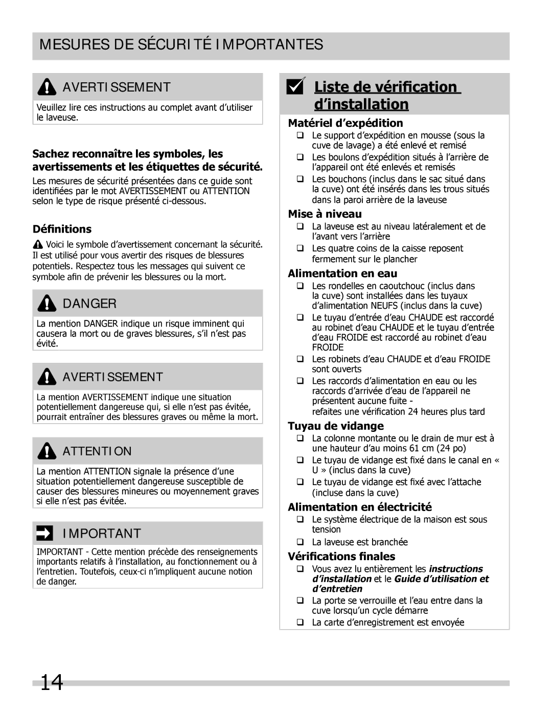 Frigidaire 137168200A Mesures de sécurité importantes, Liste de vérification d’installation, Avertissement 