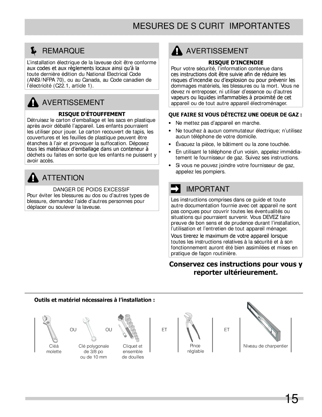 Frigidaire 137168200A  Remarque, Risque D’ÉTOUFFEMENT, Risque D’INCENDIE, QUE Faire SI Vous Détectez UNE Odeur DE GAZ 