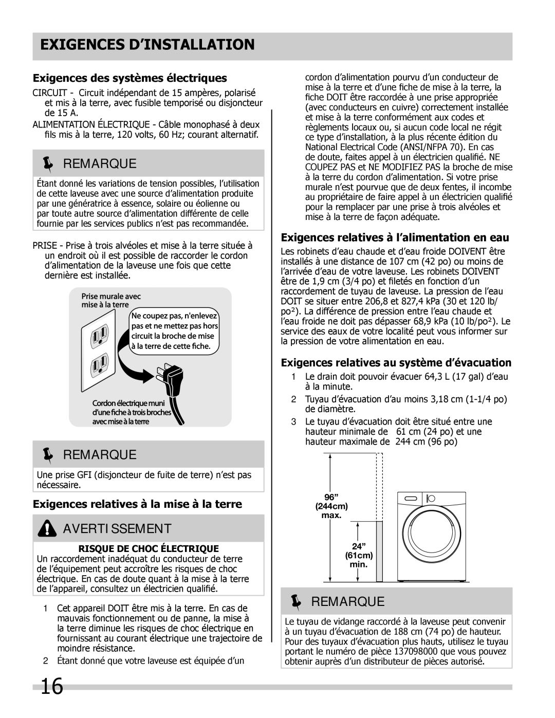 Frigidaire 137168200A important safety instructions Exigences d’installation, Exigences des systèmes électriques 