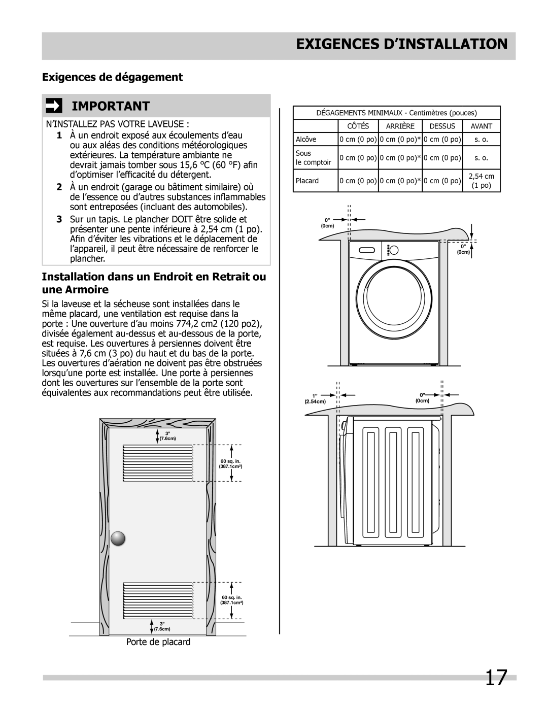 Frigidaire 137168200A Exigences de dégagement, Installation dans un Endroit en Retrait ou une Armoire 