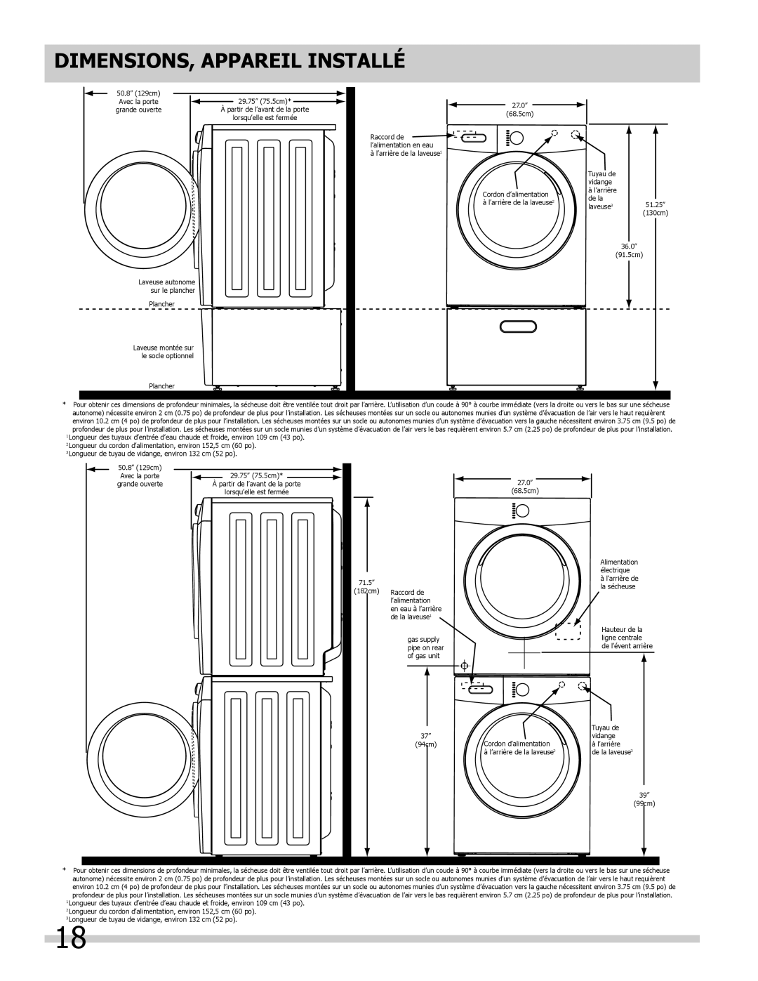 Frigidaire 137168200A important safety instructions Dimensions, appareil installé 