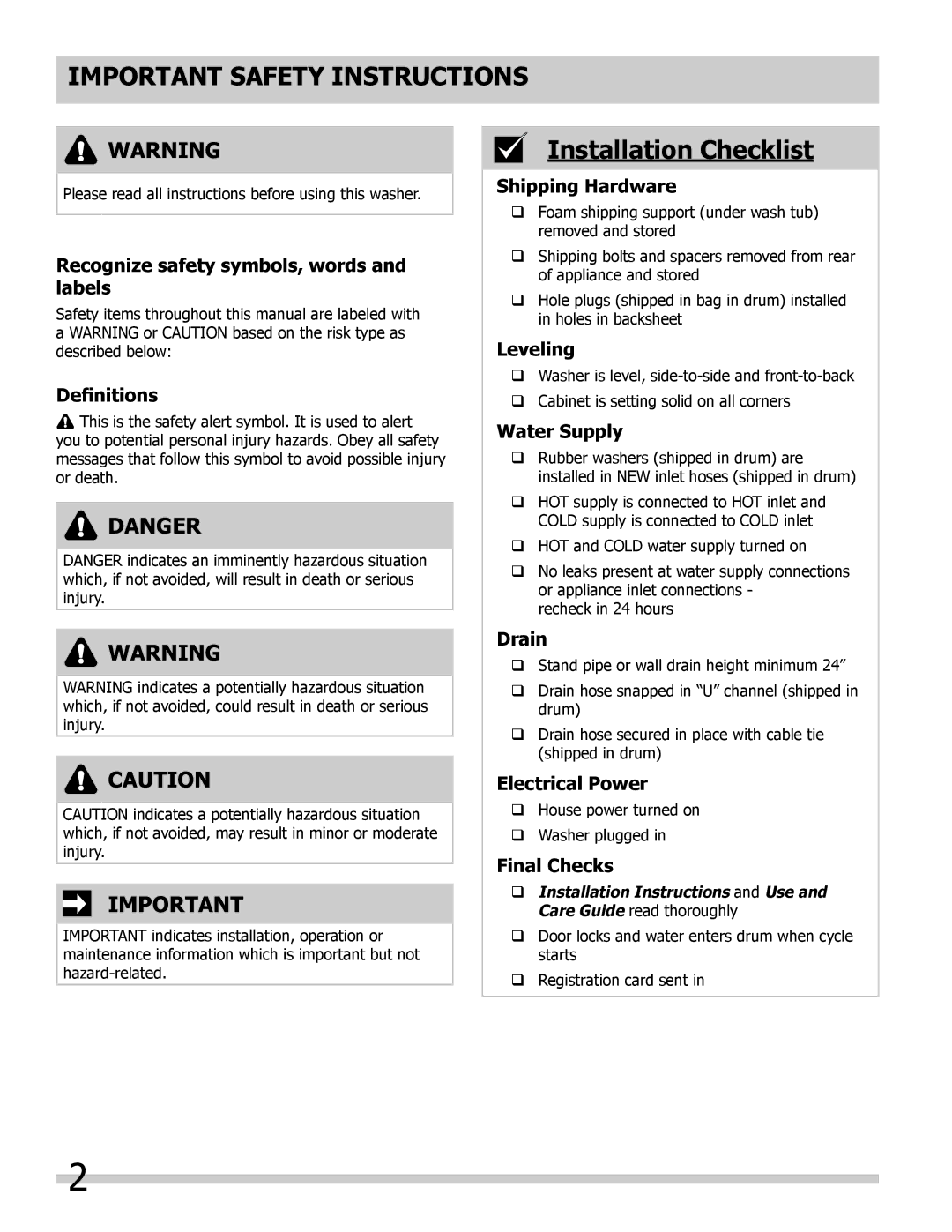 Frigidaire 137168200A important safety instructions Important Safety Instructions, Installation Checklist 