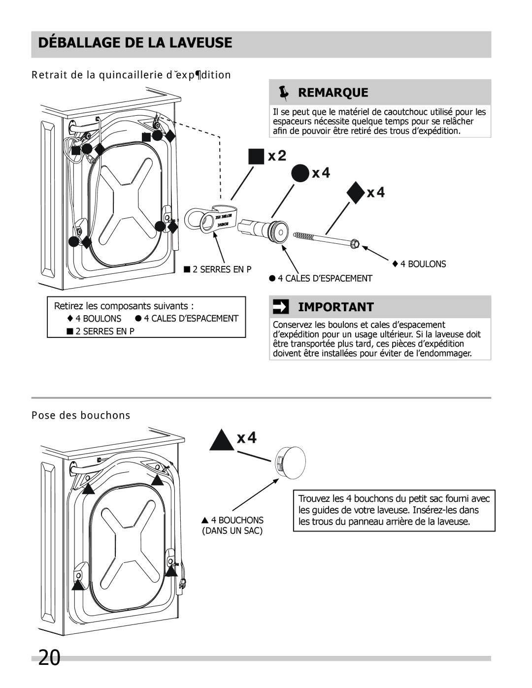 Frigidaire 137168200A important safety instructions Remarque, Retrait de la quincaillerie d’expédition, Pose des bouchons 