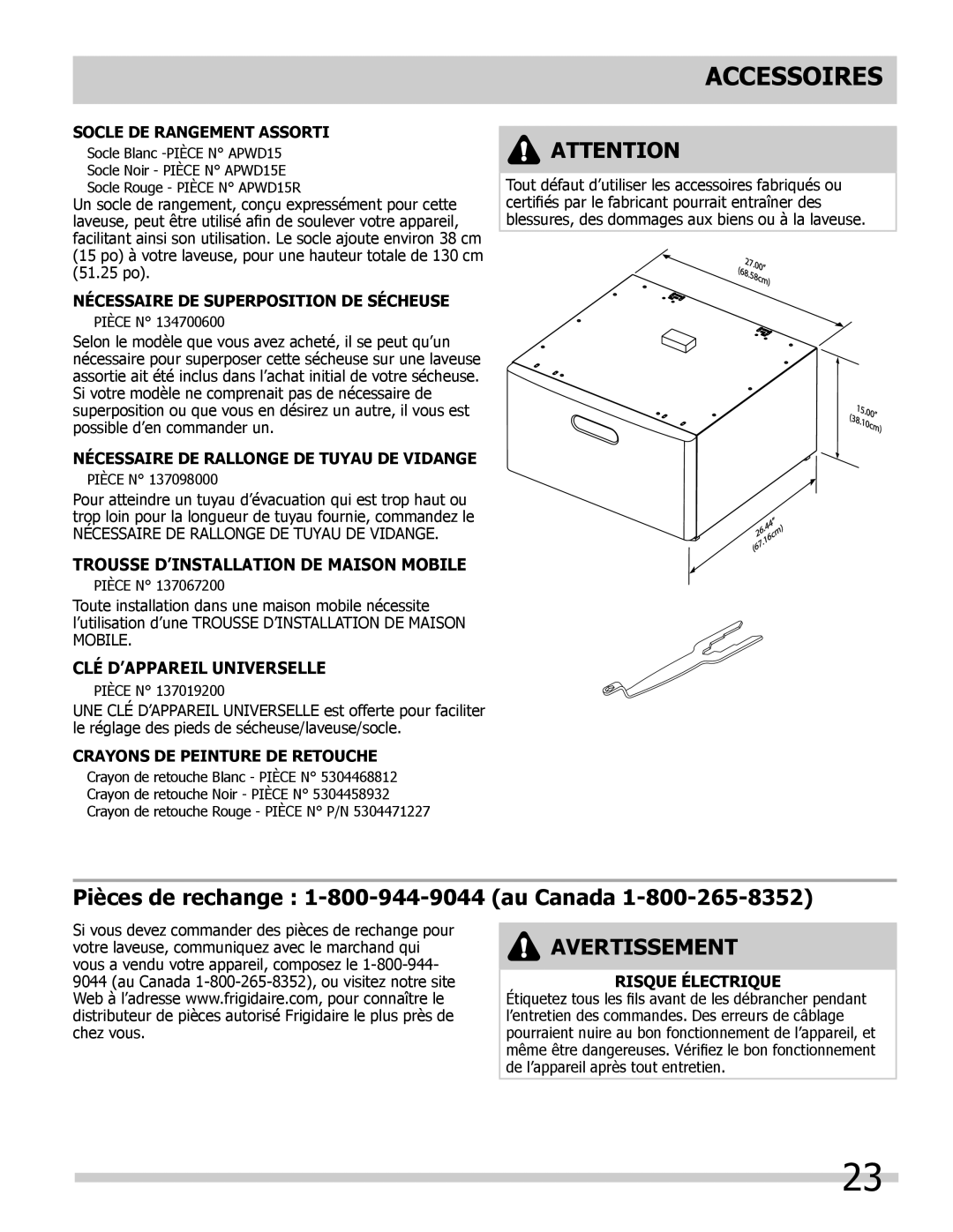 Frigidaire 137168200A Accessoires, Socle DE Rangement Assorti, Nécessaire DE Superposition DE Sécheuse 