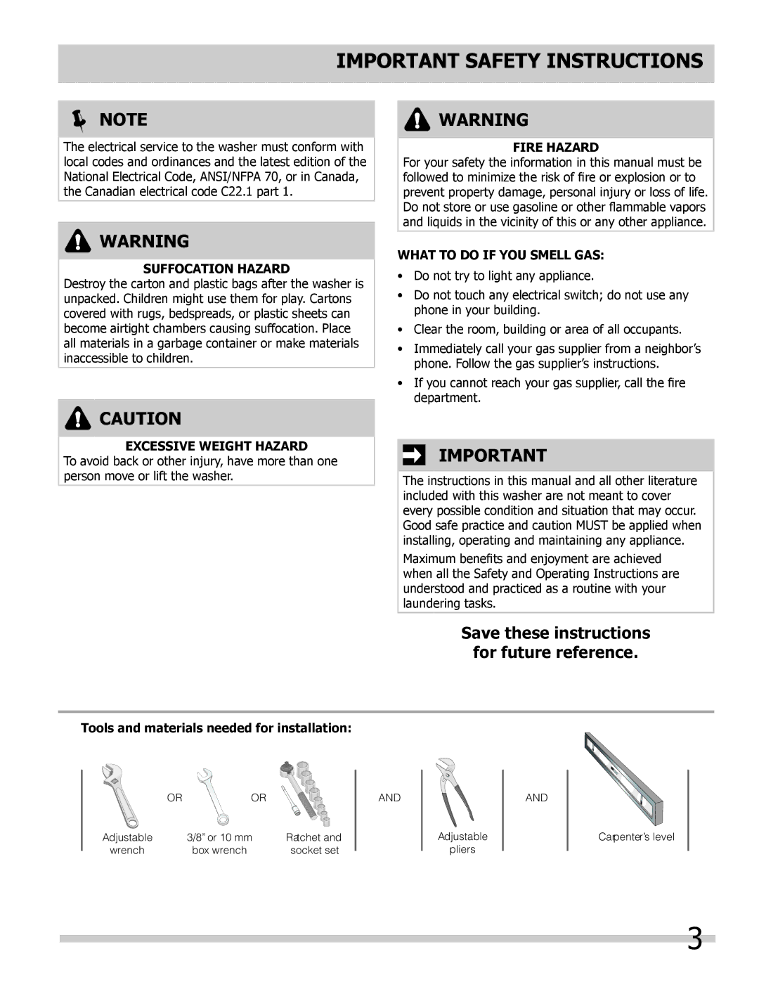 Frigidaire 137168200A  Note, Suffocation Hazard, Excessive Weight Hazard, Fire Hazard, What to do if YOU Smell GAS 