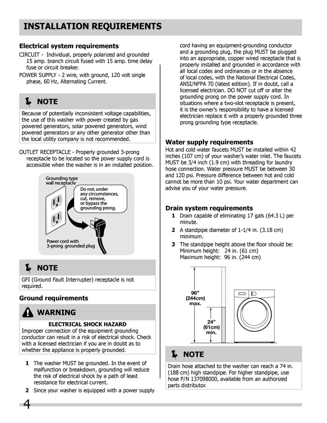 Frigidaire 137168200A Installation Requirements, Electrical system requirements, Ground requirements 