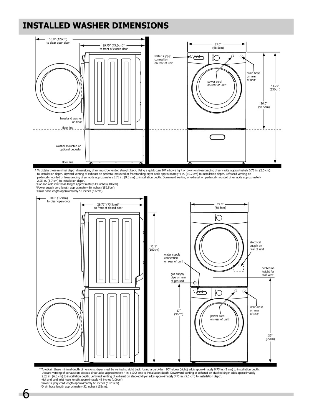 Frigidaire 137168200A important safety instructions Installed WASHer dimensions 