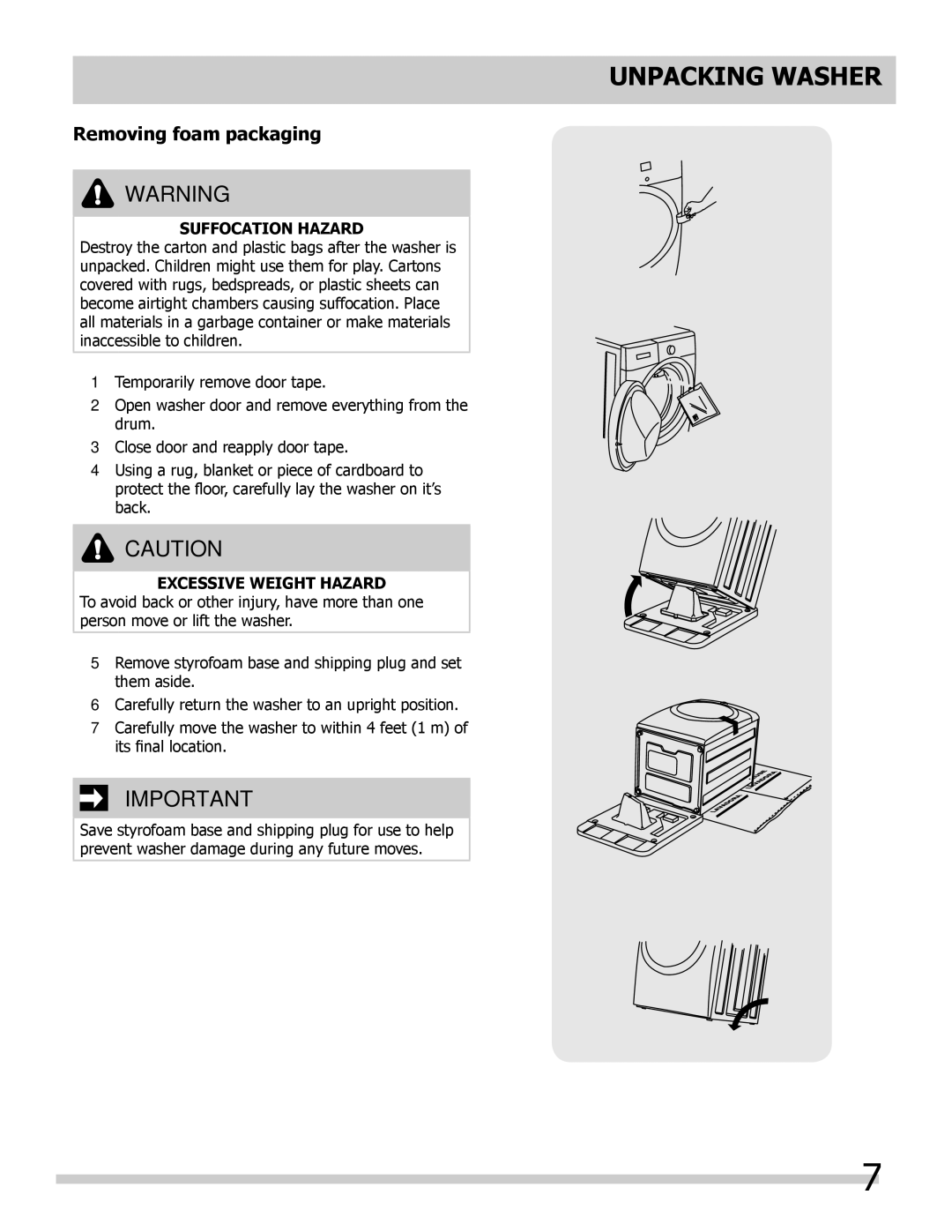 Frigidaire 137168200A important safety instructions Unpacking washer, Removing foam packaging 