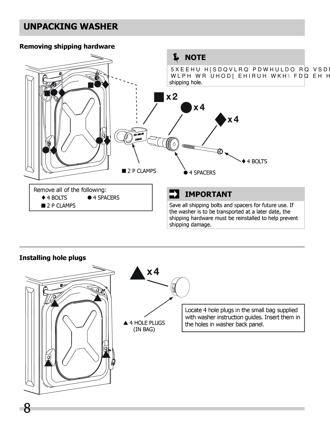 Frigidaire 137168200A important safety instructions Note, Removing shipping hardware, Installing hole plugs 