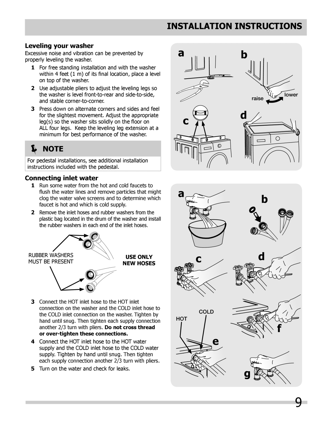 Frigidaire 137168200A Installation instructions, Leveling your washer, Connecting inlet water, USE only, NEW Hoses 