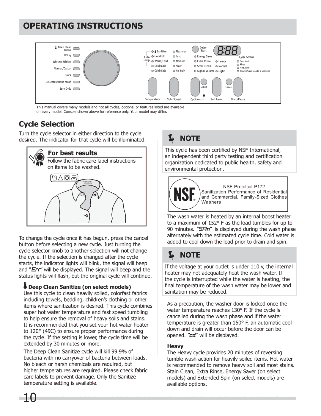 Frigidaire 137168300B important safety instructions Cycle Selection, Deep Clean Sanitize on select models, Heavy 