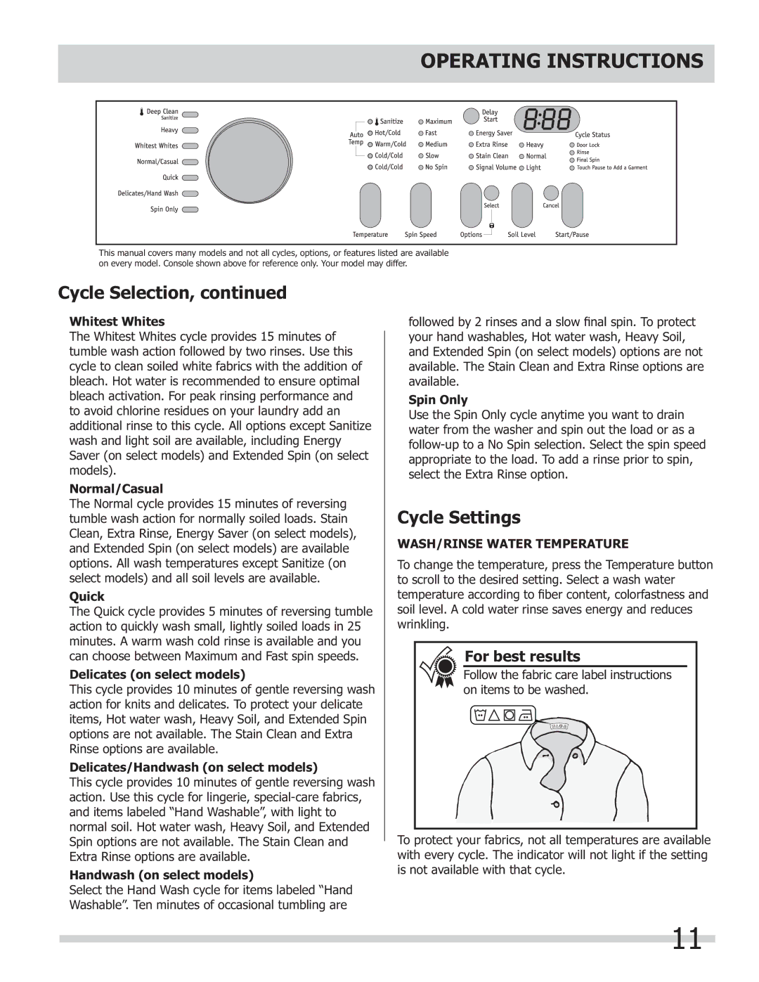 Frigidaire 137168300B important safety instructions Cycle Settings, WASH/RINSE Water Temperature 