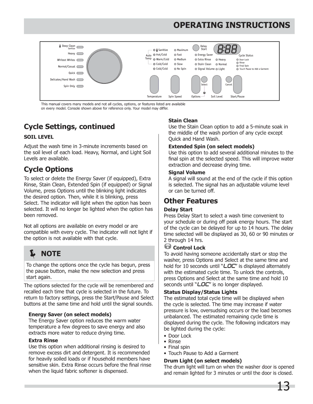 Frigidaire 137168300B important safety instructions Cycle Options, Other Features, Soil Level 