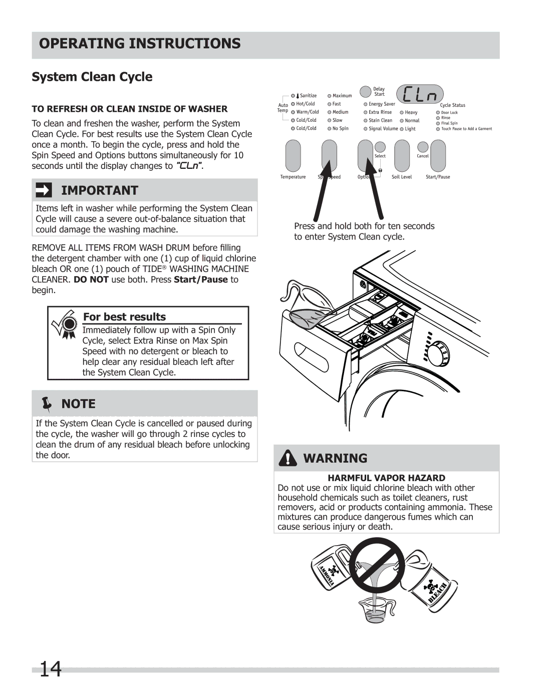 Frigidaire 137168300B important safety instructions System Clean Cycle, To Refresh or Clean Inside of Washer 