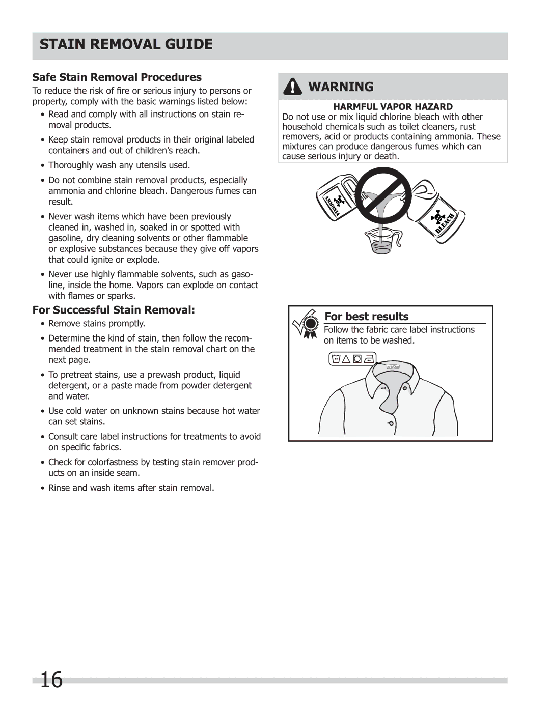 Frigidaire 137168300B important safety instructions Stain Removal Guide, Safe Stain Removal Procedures 