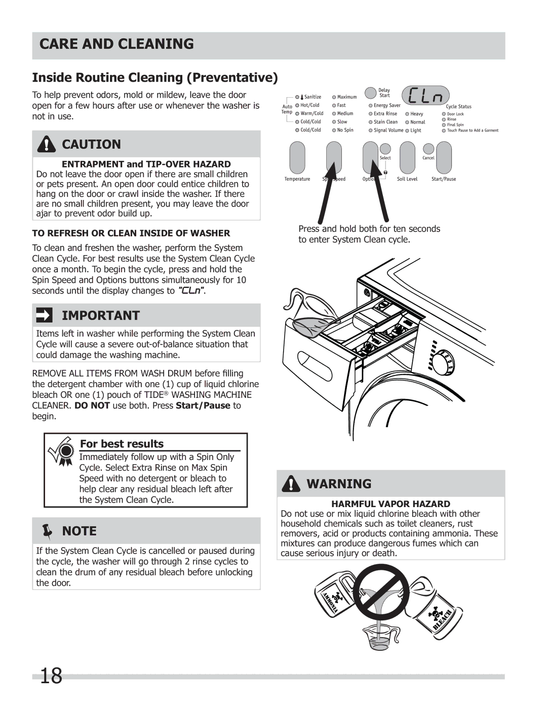 Frigidaire 137168300B important safety instructions Care and Cleaning, Inside Routine Cleaning Preventative 