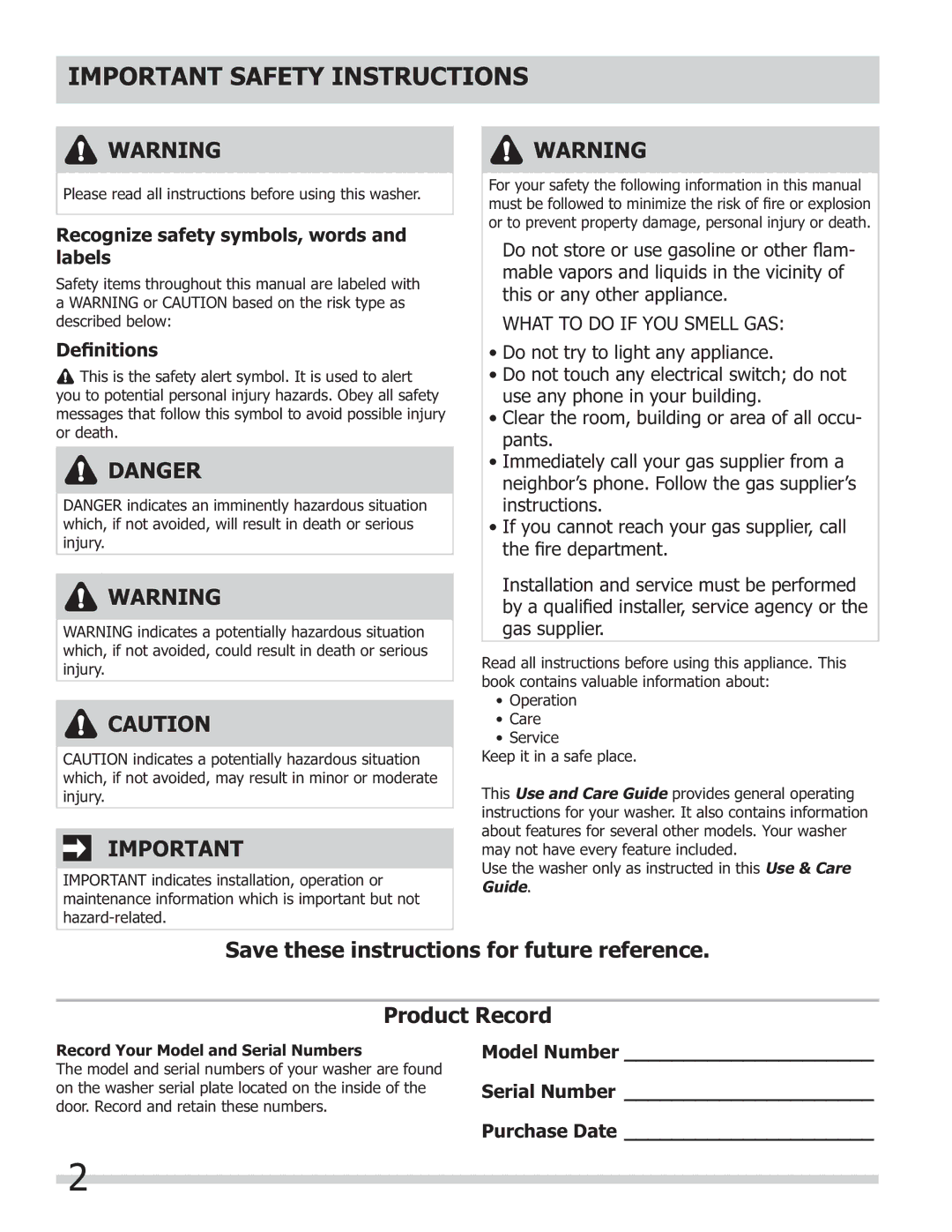 Frigidaire 137168300B Important Safety Instructions, Save these instructions for future reference Product Record 