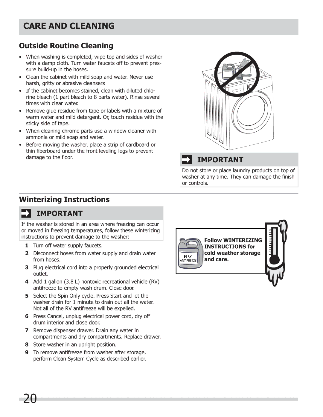 Frigidaire 137168300B important safety instructions Outside Routine Cleaning, Winterizing Instructions 