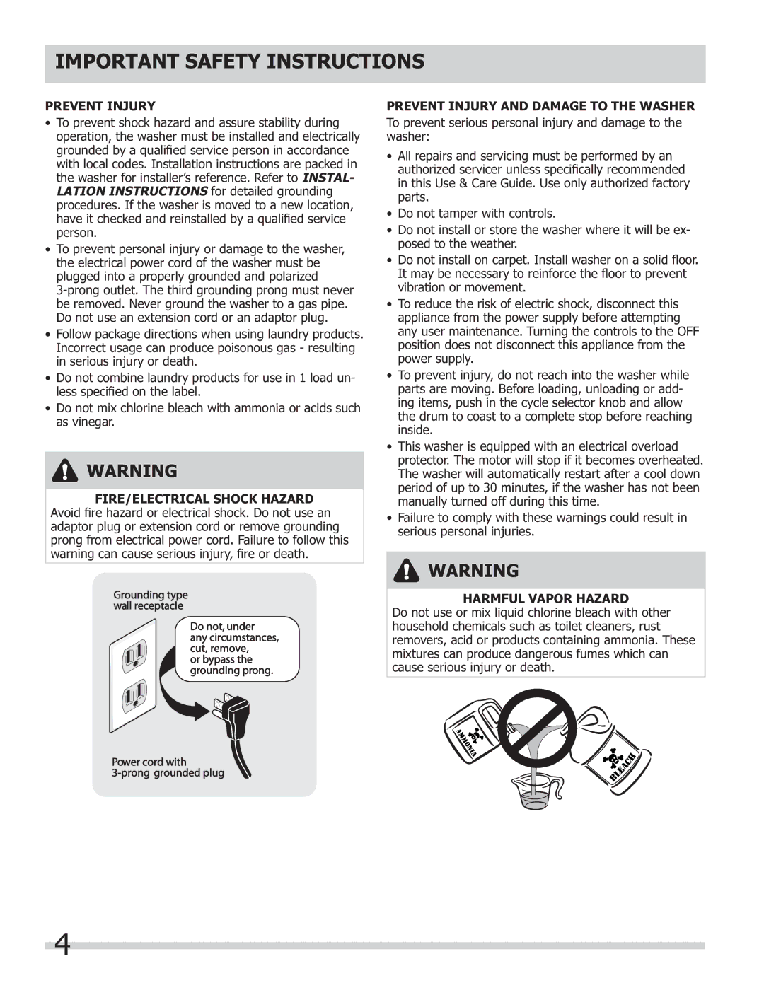 Frigidaire 137168300B important safety instructions Prevent Injury and Damage to the Washer, Harmful Vapor Hazard 