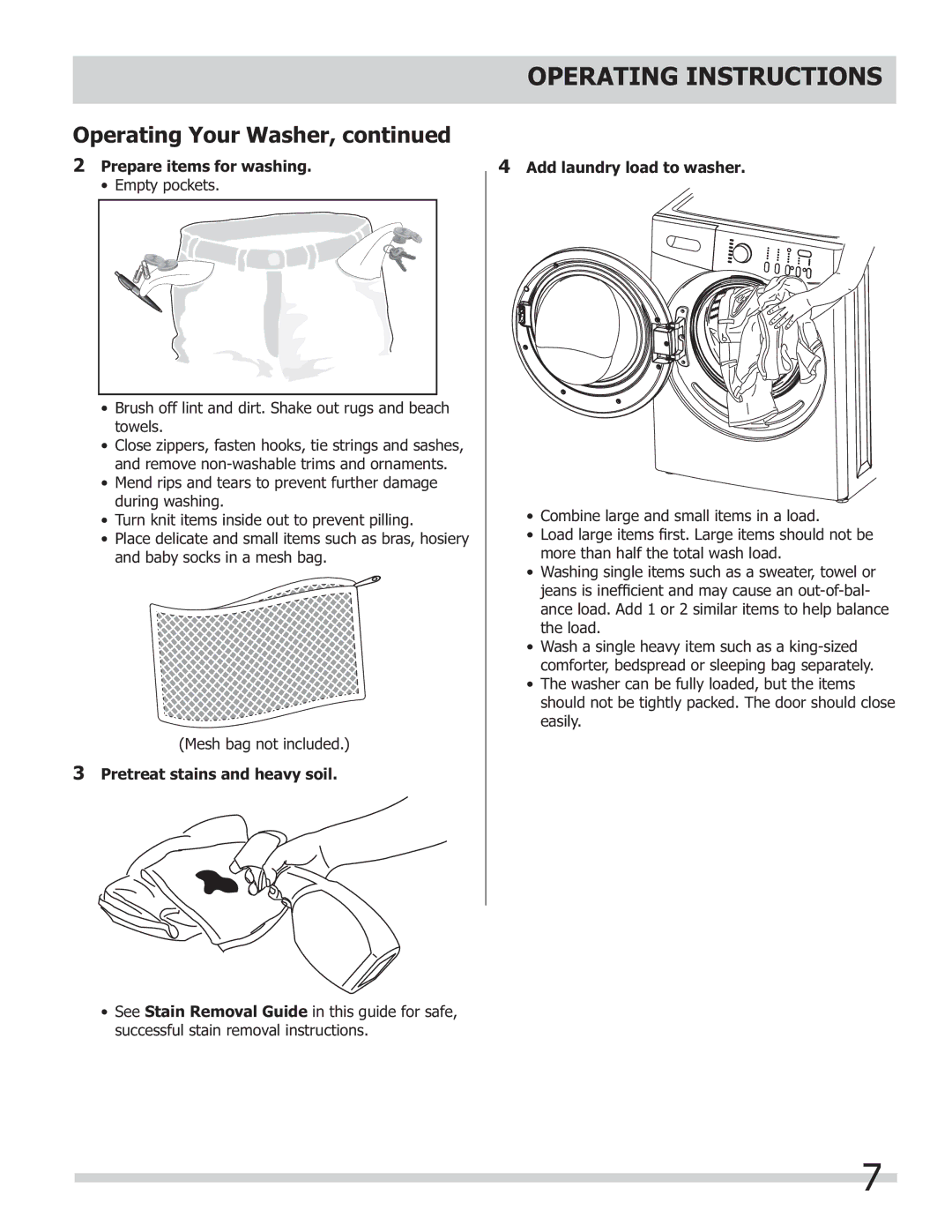 Frigidaire 137168300B Prepare items for washing, Pretreat stains and heavy soil, Add laundry load to washer 