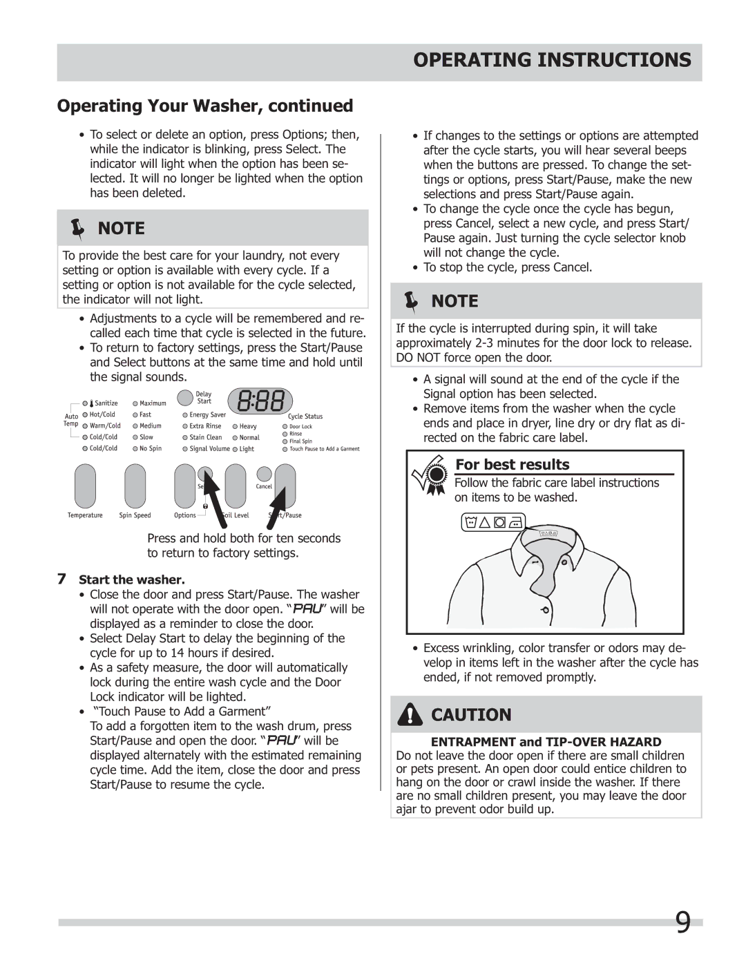 Frigidaire 137168300B important safety instructions Start the washer 