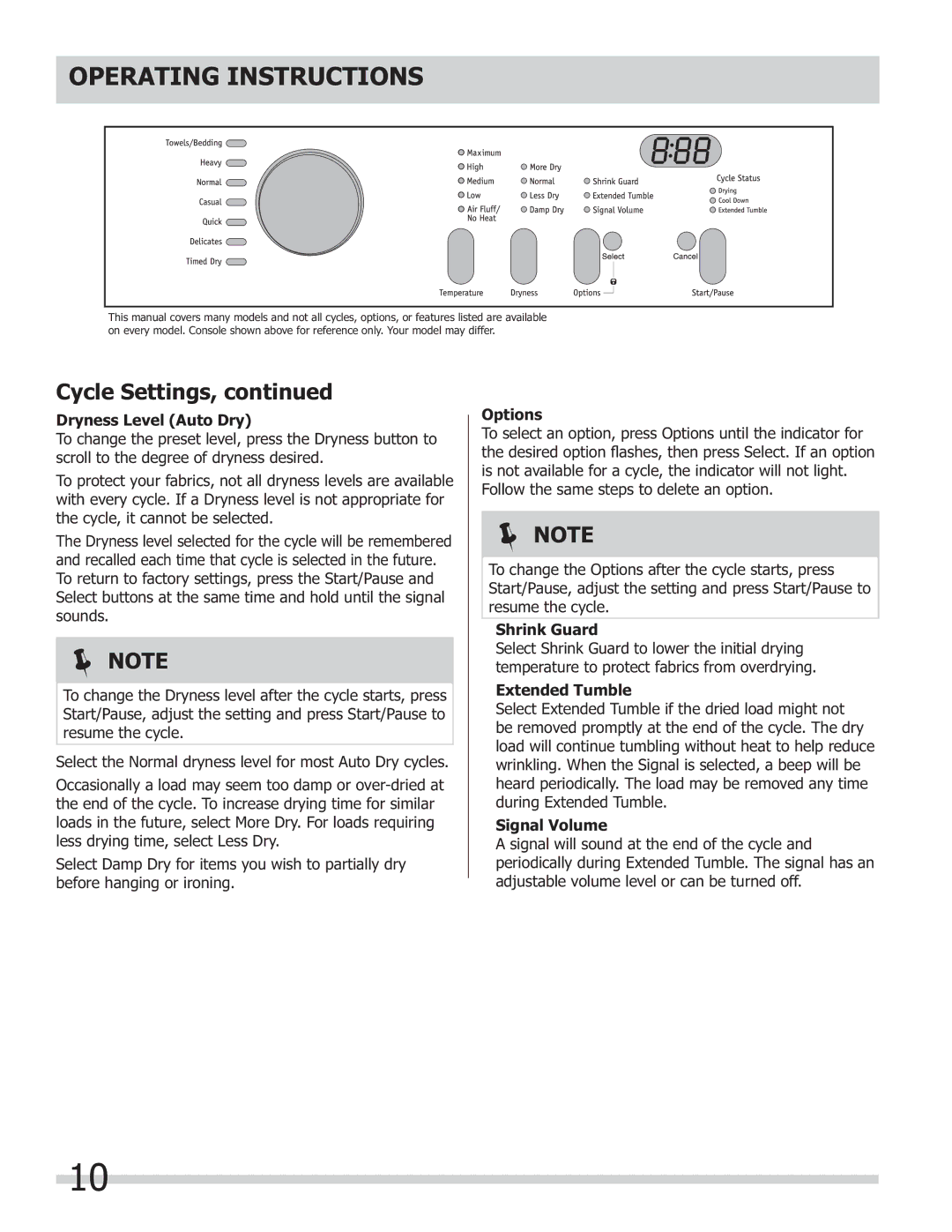 Frigidaire 137181700A Dryness Level Auto Dry, Options, Shrink Guard, Extended Tumble, Signal Volume 