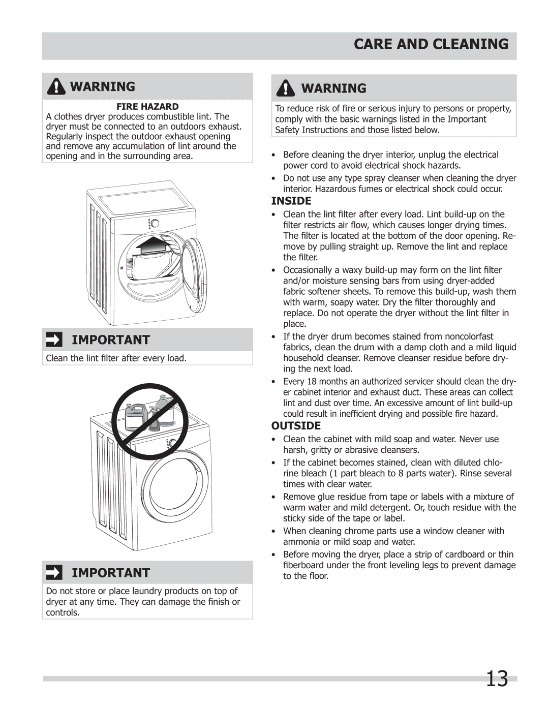 Frigidaire 137181700A important safety instructions Care and Cleaning, Inside 