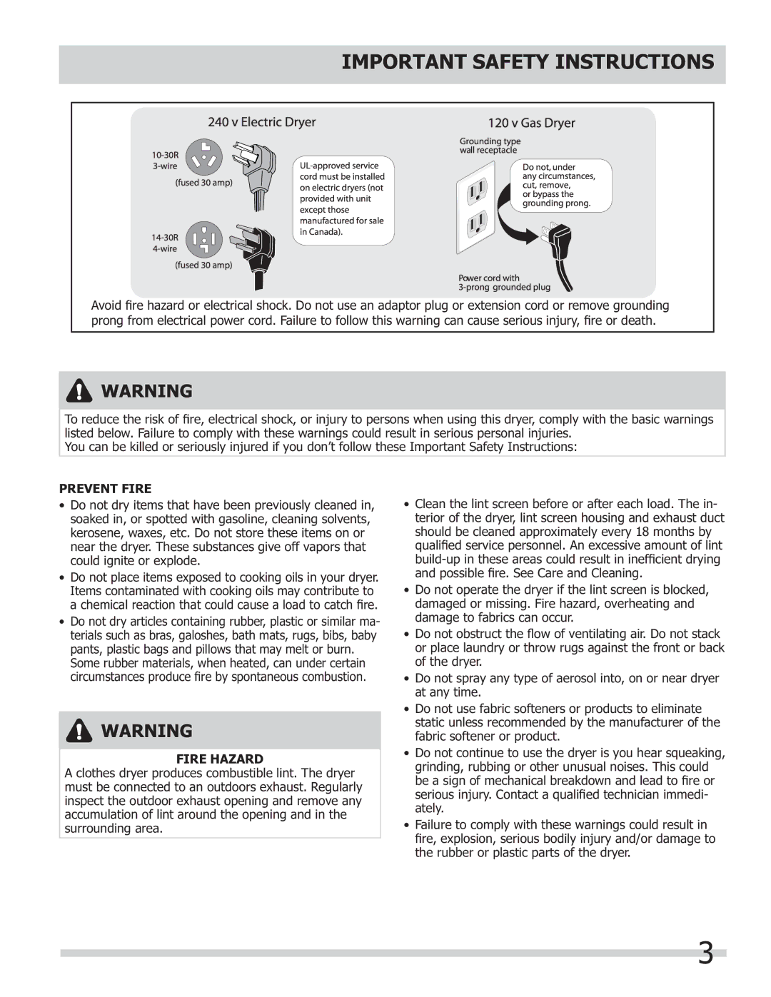 Frigidaire 137181700A important safety instructions El ectric Dry er 