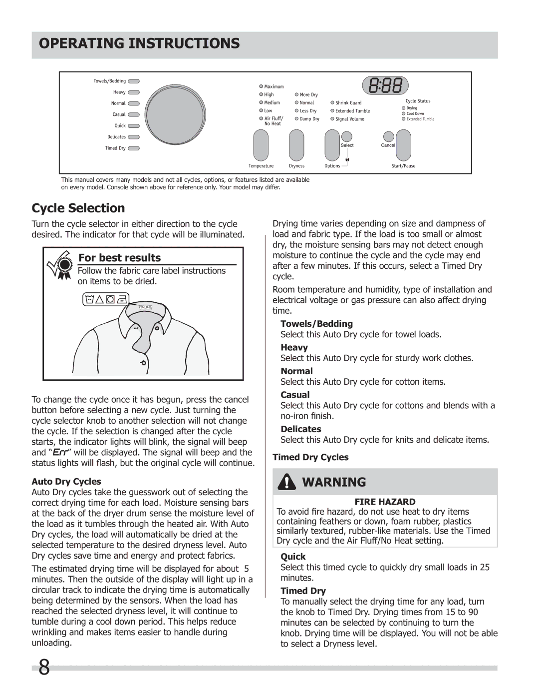 Frigidaire 137181700A important safety instructions Cycle Selection 