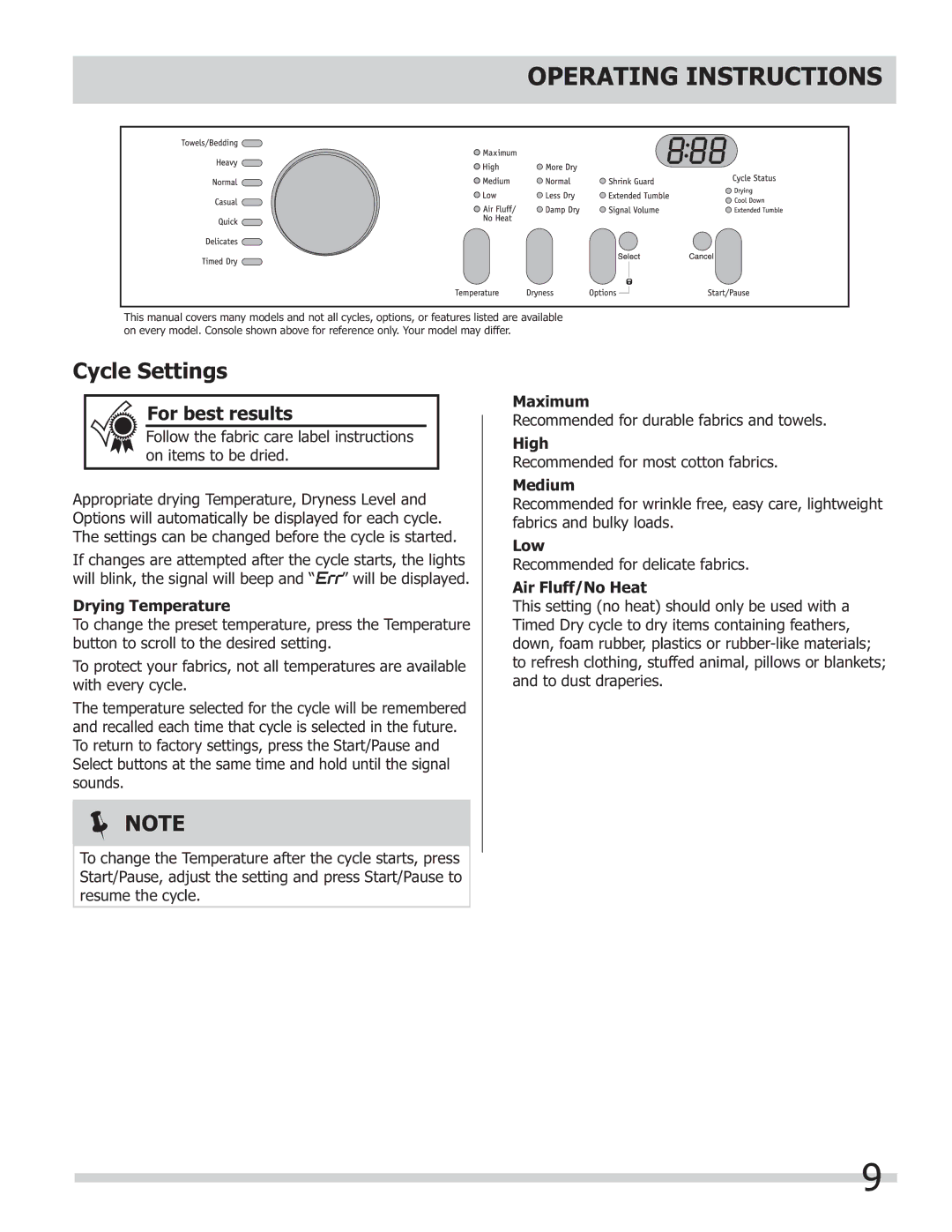 Frigidaire 137181700A important safety instructions Cycle Settings 