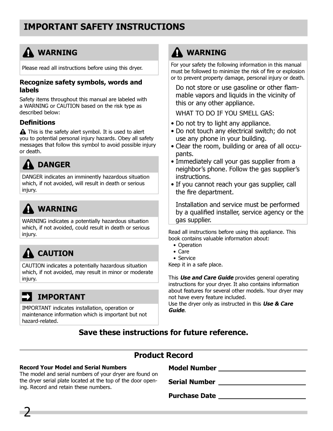 Frigidaire 137181900A Important Safety Instructions, Save these instructions for future reference Product Record 