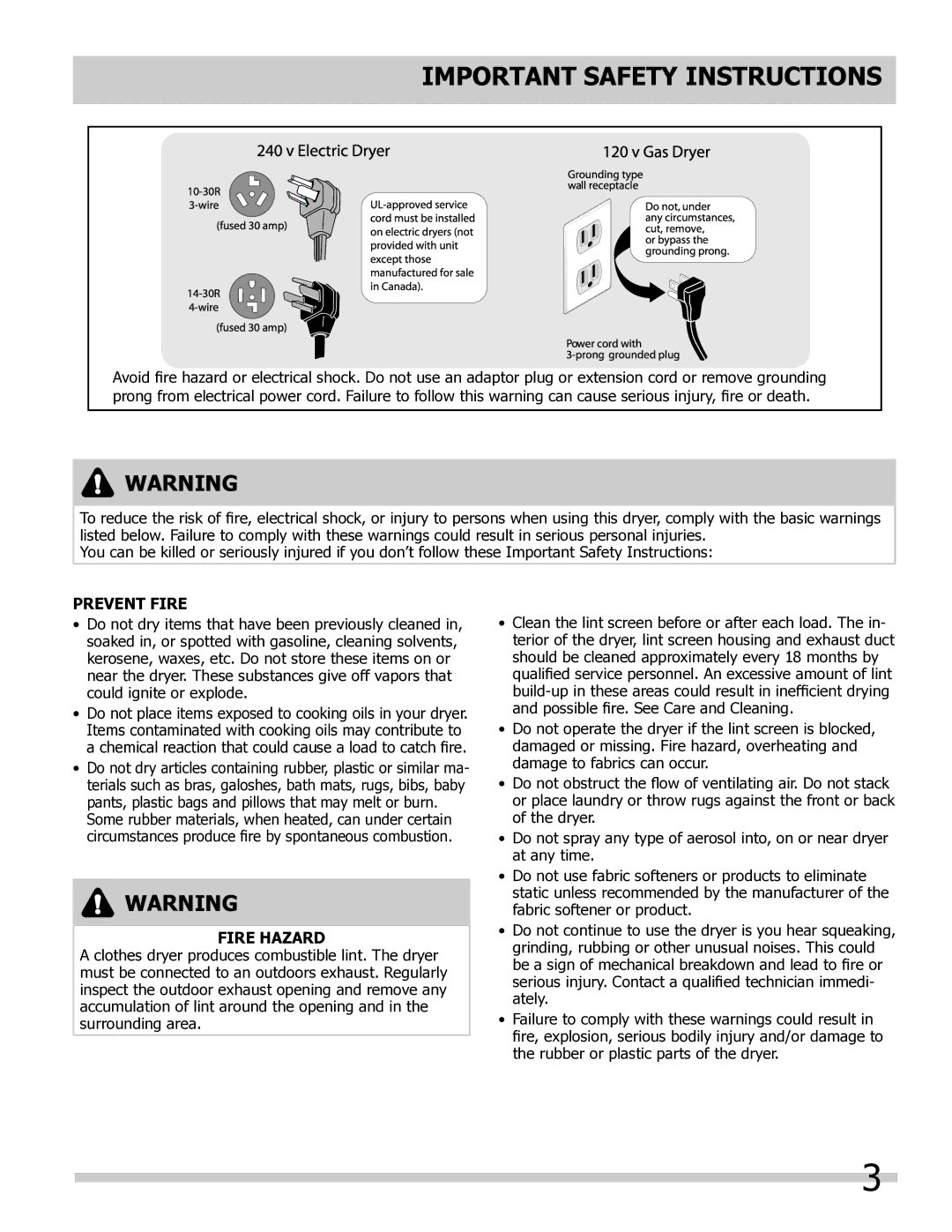 Frigidaire 137181900A important safety instructions Electric Dryer 