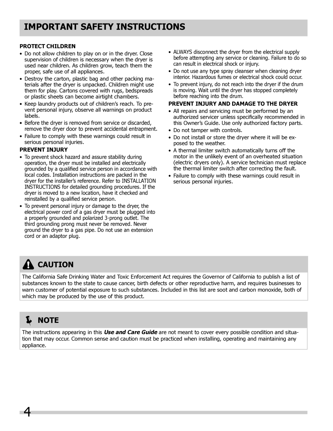 Frigidaire 137181900A important safety instructions  Note 