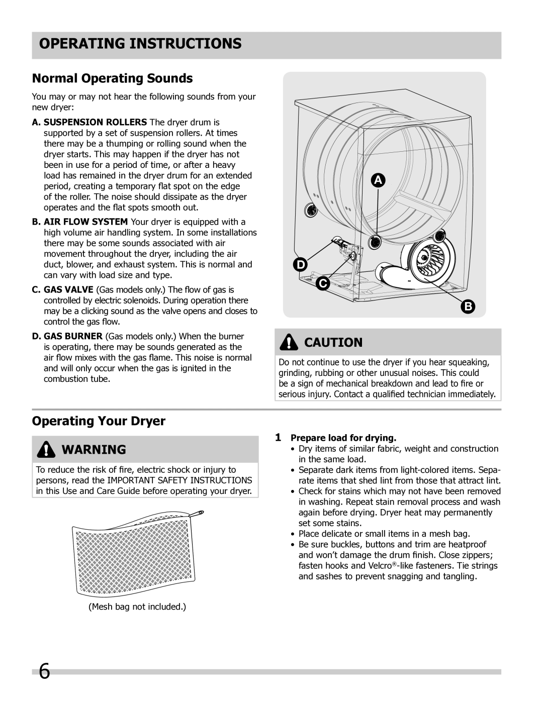 Frigidaire 137181900A Operating Instructions, Normal Operating Sounds, Operating Your Dryer, Prepare load for drying 