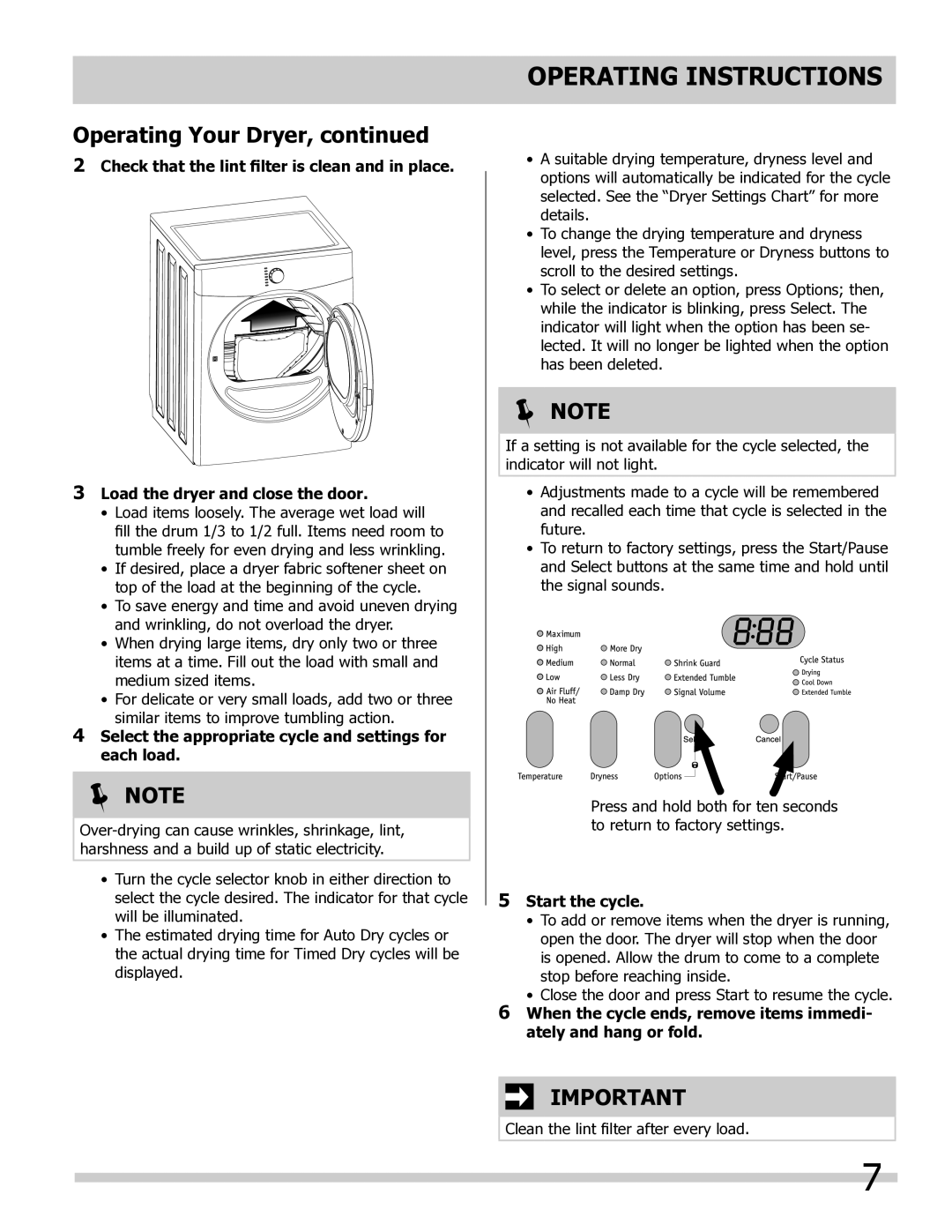 Frigidaire 137181900A Select the appropriate cycle and settings for each load, Start the cycle 