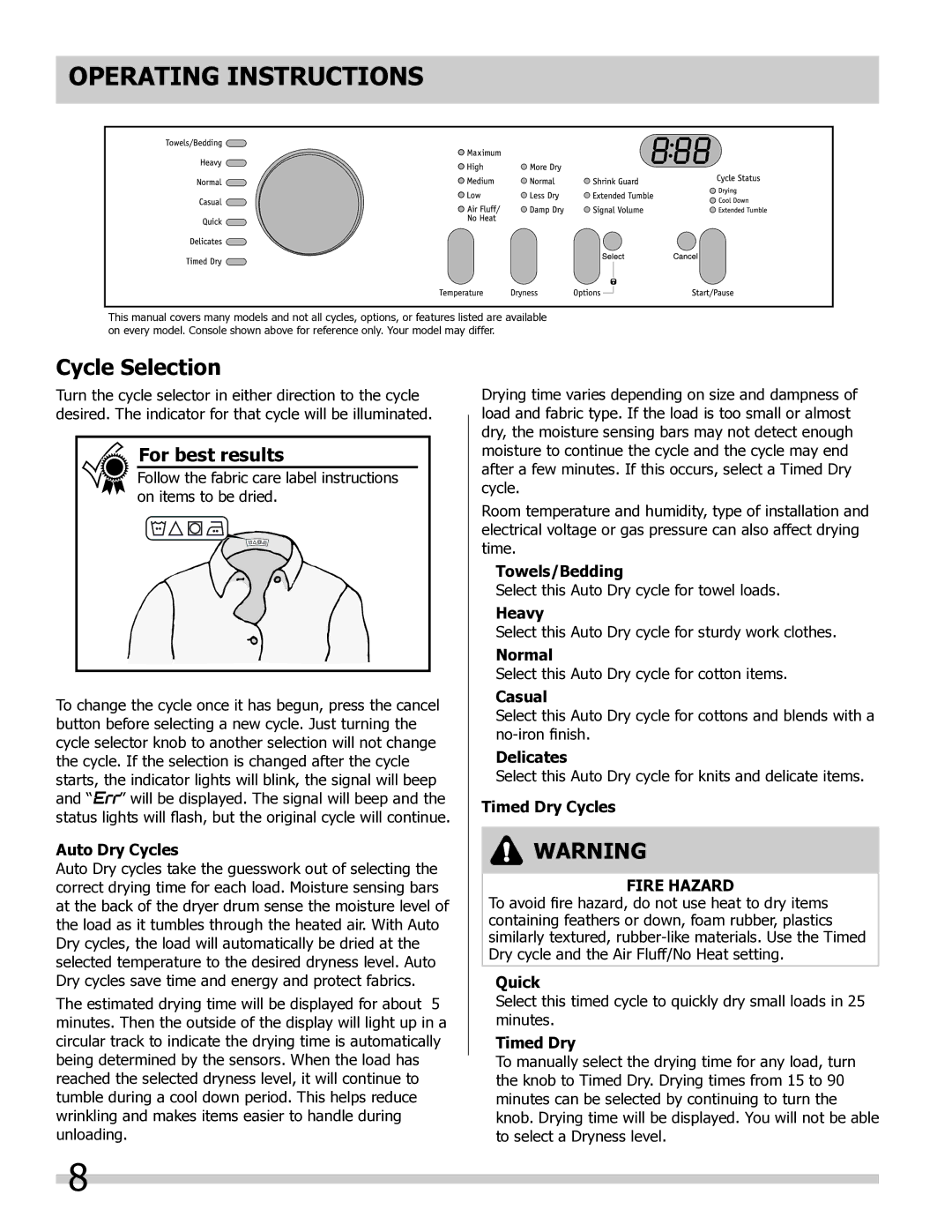 Frigidaire 137181900A important safety instructions Cycle Selection 